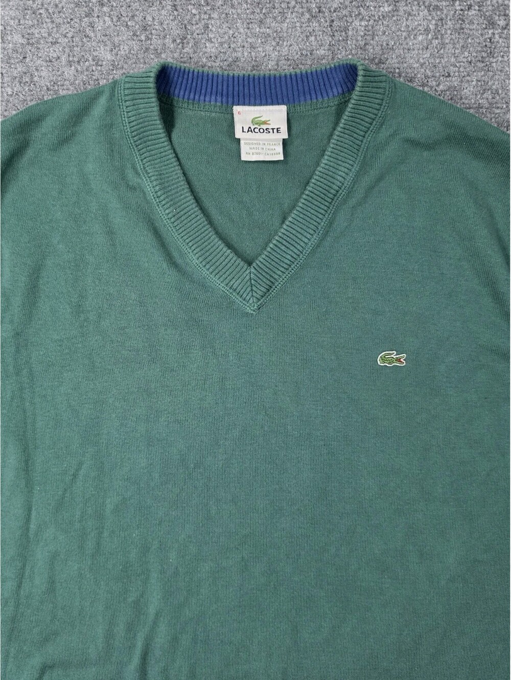 Lacoste Sweater Mens XL Size 6 Green V Neck Cotton Pullover Crocodile Logo